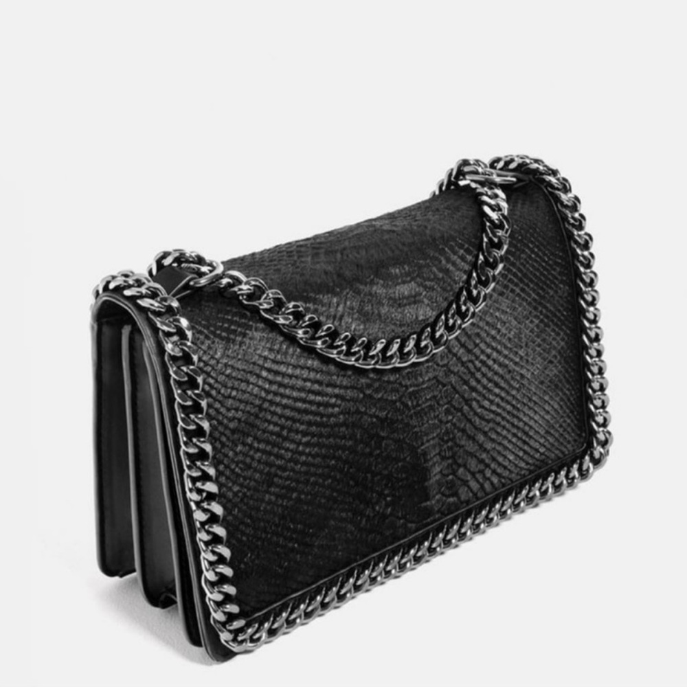 Zara Black Faux Fur Leather Crossbody Shoulder Bag